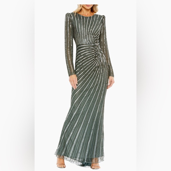 MAC DUGGAL Slate Gray Embellished Puff-Sleeve Side Knot Gown SZ 16 #5641 NWOT - Picture 1 of 13